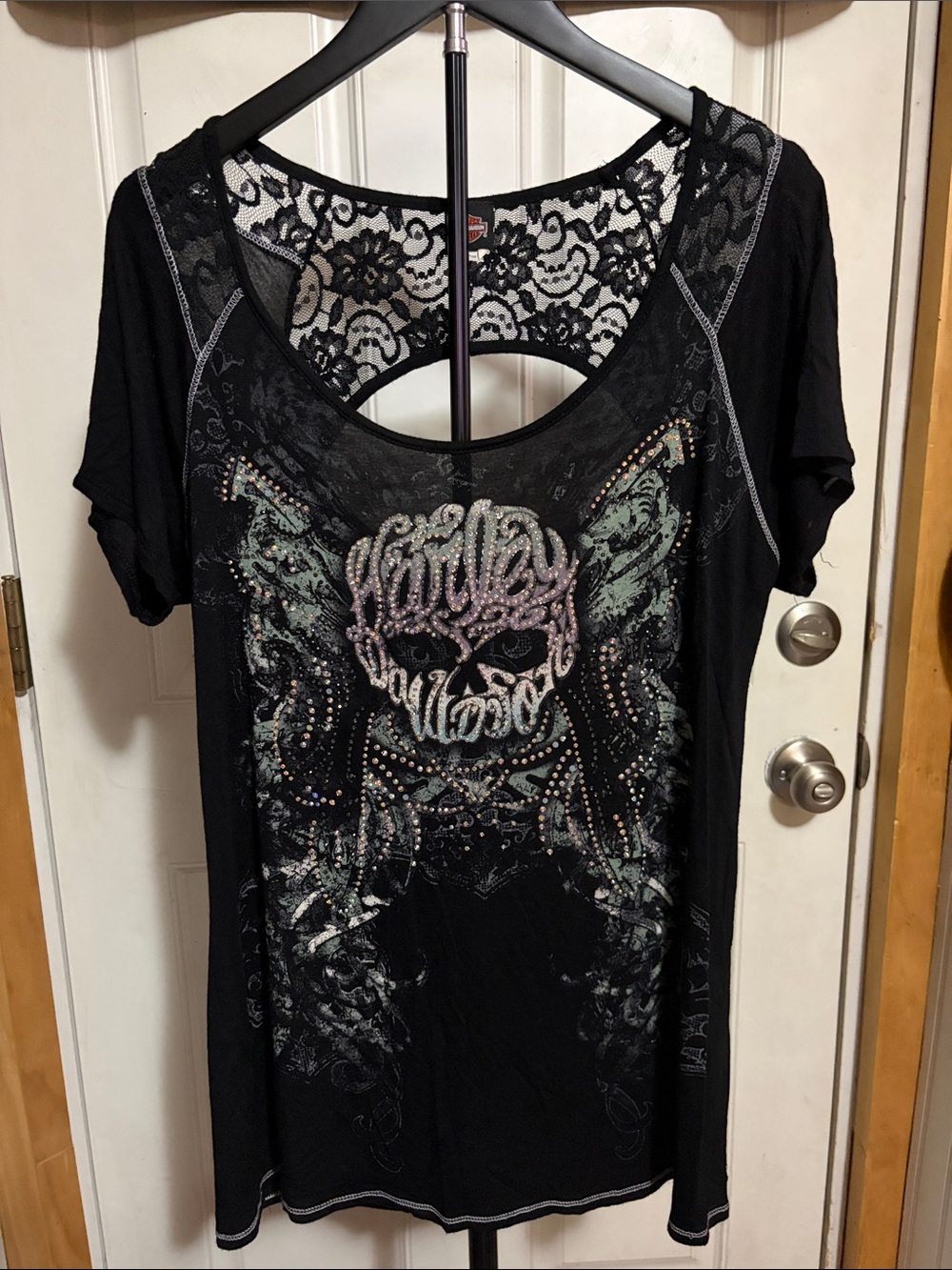 Harley Davidson Blue Rhinestone Skull Cut Out Lace Short Sleeve Top